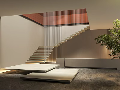 Modern Minimalist Interior Staircase With White Steps Hanging Curtains And Indoor Plant 3d model