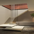 Modern Minimalist Interior Staircase With White Steps Hanging Curtains And Indoor Plant