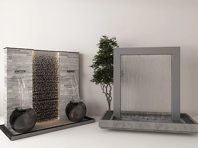 Contemporary Water Fountain with Stone Wall Water Flow Decorative Bowls Square Frame and Small Tree 3d model