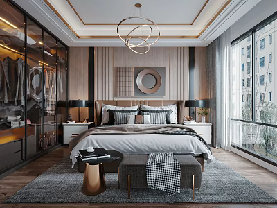 Modern Luxury Bedroom Interior Design With Glass Wardrobe Round Chandelier And Wooden Floor 3d model