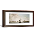 Classic Landscape Painting With Sailing Boats On River Distant Buildings Cloudy Sky And Brown Frame