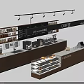 Modern Coffee Shop Cashier Counter With Display Cases Coffee Machines And Lighting Fixtures