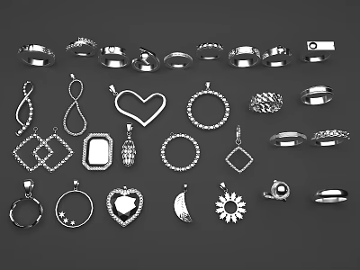 Elegant Stylish Jewelry Collection With Heart Shaped Pendants Round Rings Intricate Designs And Shiny Details 3d model