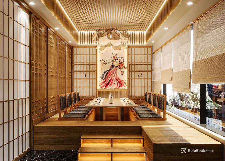 Traditional Japanese Private Room With Wooden Interior Sliding Shoji Doors Tatami Seats Long Dining Table 3d model 