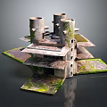 Cartoon Style Fantasy Ruins Scene with Round Towers Moss Covered Platforms and Weathered Stone Structures