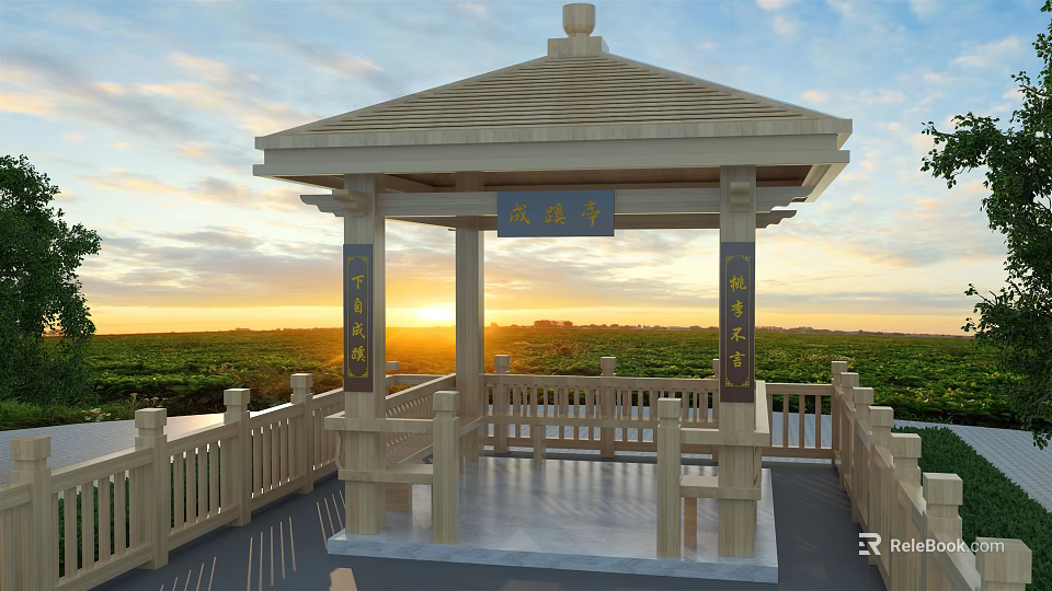 Traditional Chinese Wooden Pavilion With Railing And Sunset Over Green Fields 3d model 