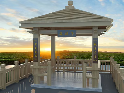 Traditional Chinese Wooden Pavilion With Railing And Sunset Over Green Fields 3d model