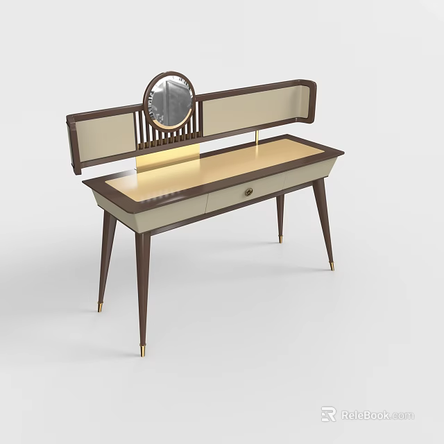 Elegant Modern Dressing Table With Round Mirror Single Drawer And Tapered Legs 3d model