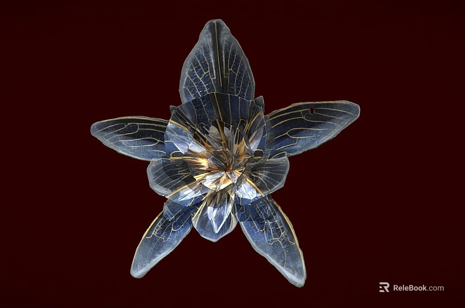 Delicate Blue Flower with Golden Veins on Petals Against Dark Red Background 3d model 