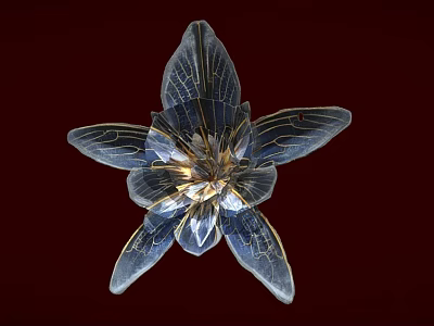 Delicate Blue Flower with Golden Veins on Petals Against Dark Red Background 3d model