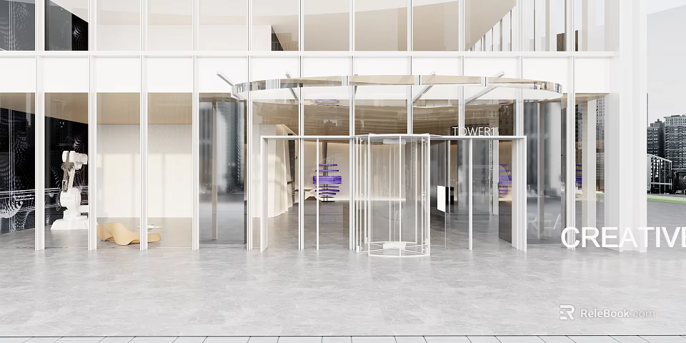 Modern Glass Entrance Door Design With Revolving Structure And Lobby Area 3d model 