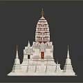 Cartoon Scene of Thai Temple Style with White Red Decorations Spires and Statue 3d model