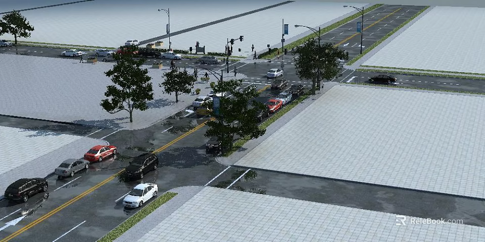 Urban Road Infrastructure With Traffic Lights Street Lamps Pedestrian Crossings And Green Trees 3d model 