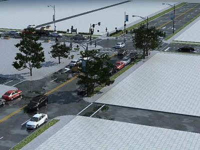 Urban Road Infrastructure With Traffic Lights Street Lamps Pedestrian Crossings And Green Trees 3d model