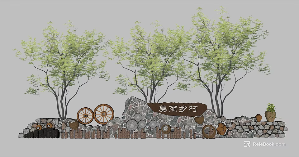 Rural Scenic Wall Featuring Stone Construction Wagon Wheels Trees And Baskets 3d model