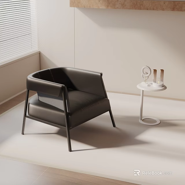 Black Leather Accent Chair With White Round Side Table In Modern Light Room With Blinds 3d model 