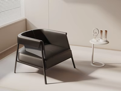 Black Leather Accent Chair With White Round Side Table In Modern Light Room With Blinds 3d model