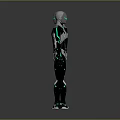Detailed 3D Robot Character Models With Front And Back Views Black Silver Armor Blue Glowing Lines