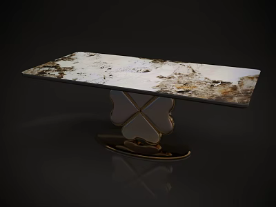 Elegant Modern Dining Table With White Brown Marble Top And Clover Shaped Gold Base 3d model