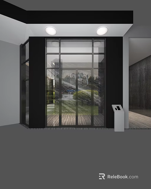 Modern Glass Entrance Gate With Black Frame Floor to Ceiling Design And Outdoor Greenery View 3d model 