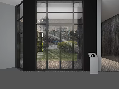Modern Glass Entrance Gate With Black Frame Floor to Ceiling Design And Outdoor Greenery View 3d model