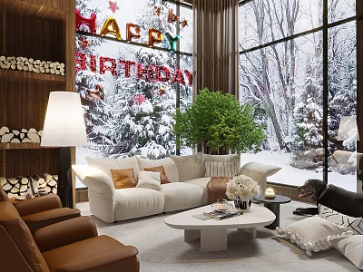Warm Stylish Living Room With Comfortable Sofas Birthday Decorations And Beautiful Snowy Winter Outdoor View 3d model