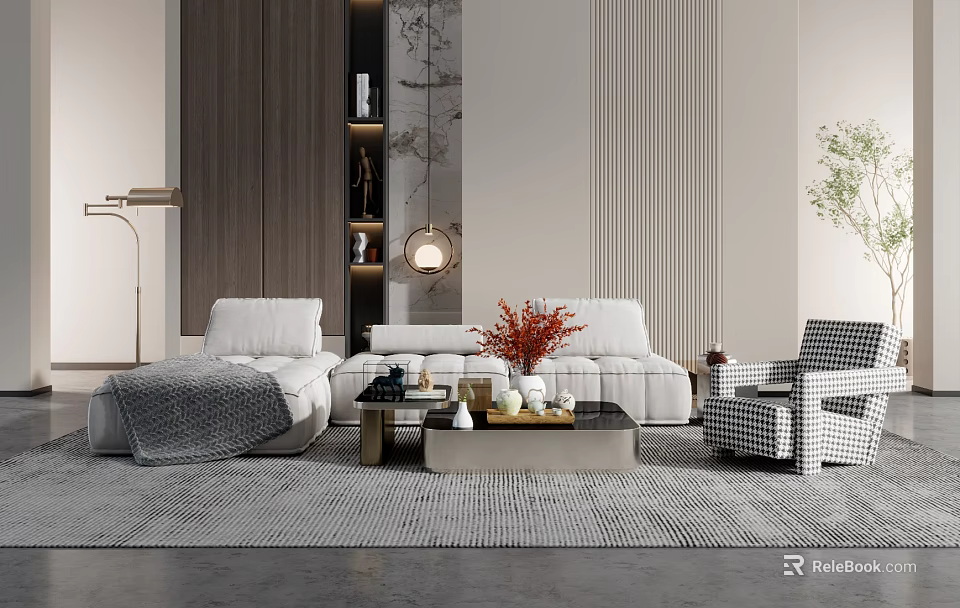 Modern Living Room White Sofa Coffee Table Set With Vase Grey Throw Checkered Armchair 3d model 
