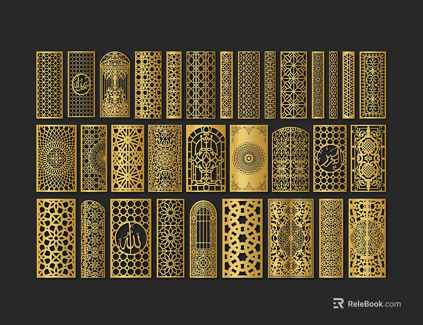 Various Gold Ornate Room Dividers With Intricate Laser Cut Patterns 3d model