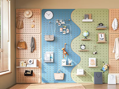 Stylish Wall Decor With Pegboards Shelves Hats Bags Clock Photos And Globe 3d model