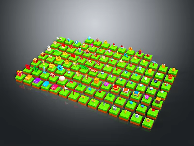 Colorful Icons Arranged On Green Square Grid With Various Small Symbols 3d model