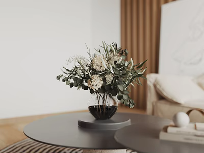 Elegant Living Room Interior Featuring Round Table Dried Flower Arrangement Black Vase And Beige Sofa 3d model