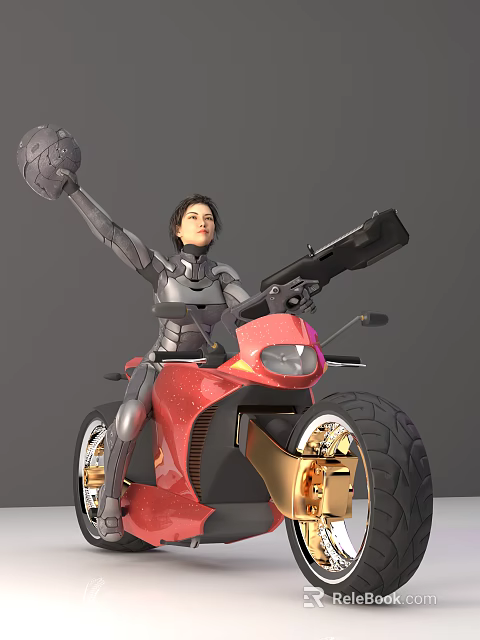 Armored Woman Riding Red Motorcycle With Gold Wheels And Large Tires Holding Weapon 3d model 