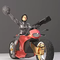 Armored Woman Riding Red Motorcycle With Gold Wheels And Large Tires Holding Weapon
