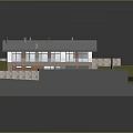 Traditional House Building With Blue Roof Chimneys Stone Fence Wooden Terrace And Green Lawn
