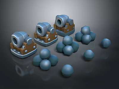 Military Weapon Components With Brown Bases Silver Tops And Blue Spherical Ammunition 3d model