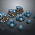 Military Weapon Components With Brown Bases Silver Tops And Blue Spherical Ammunition
