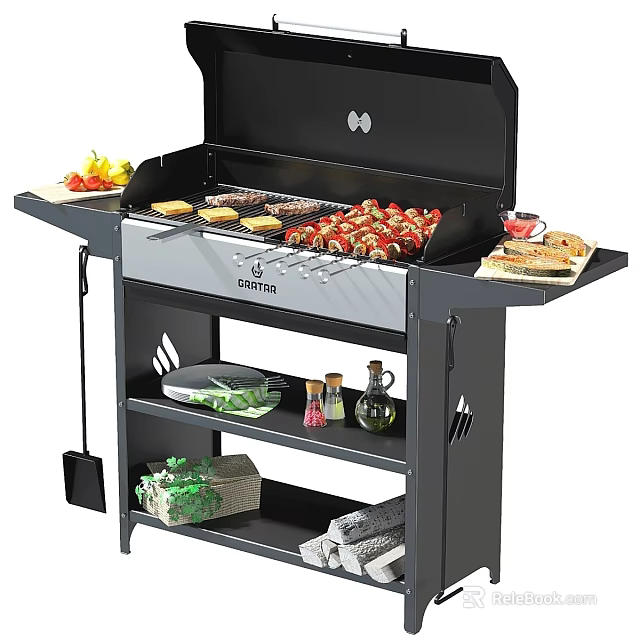 Outdoor BBQ Grill With Storage Shelves Grilled Kebabs Burgers Vegetables Spices And Tools 3d model 