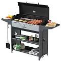Outdoor BBQ Grill With Storage Shelves Grilled Kebabs Burgers Vegetables Spices And Tools