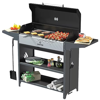 Outdoor BBQ Grill With Storage Shelves Grilled Kebabs Burgers Vegetables Spices And Tools 3d model