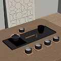 Minimalist Black Tea Set with Transparent Glass Wooden Coasters and Tray on Modern Tabletop