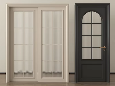 White Double And Black Single Doors With Glass Panels Arched Top And Golden Handle 3d model