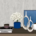 Modern Decorative Ornaments Set with White Hydrangea Blue Vase Hollow Sculptures Art and Bowls