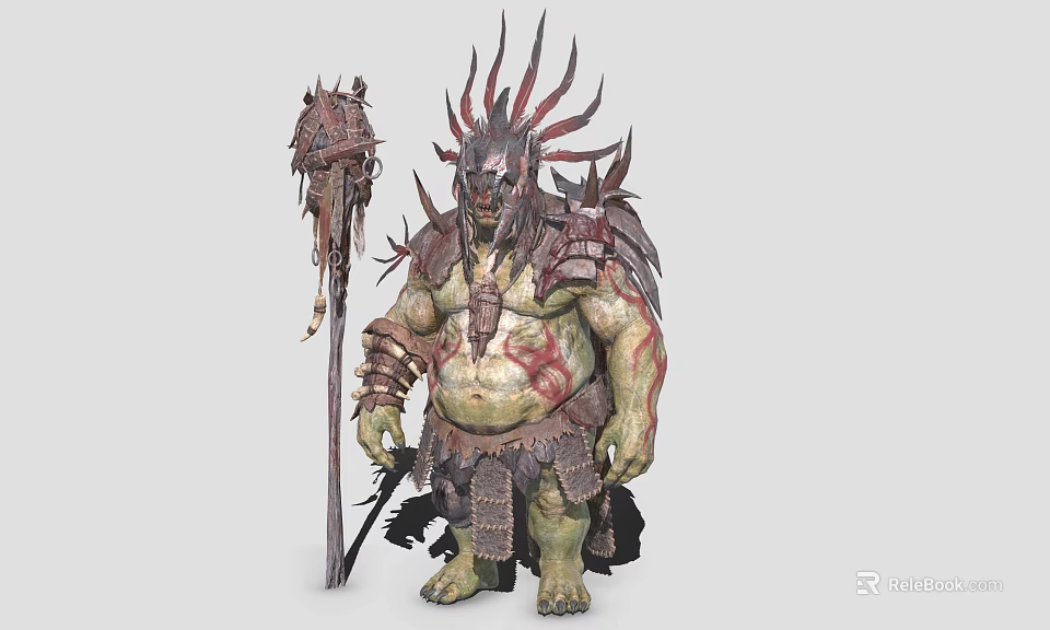 Menacing Game Fantasy Character With Green Skin Bulky Physique Spiked Armor And Giant Spiked Weapon 3d model 
