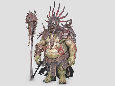 Menacing Game Fantasy Character With Green Skin Bulky Physique Spiked Armor And Giant Spiked Weapon 3d model