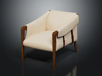 Modern Beige Fabric Armchair With Wooden Arms Legs And Leather Straps 3d model