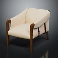 Modern Beige Fabric Armchair With Wooden Arms Legs And Leather Straps