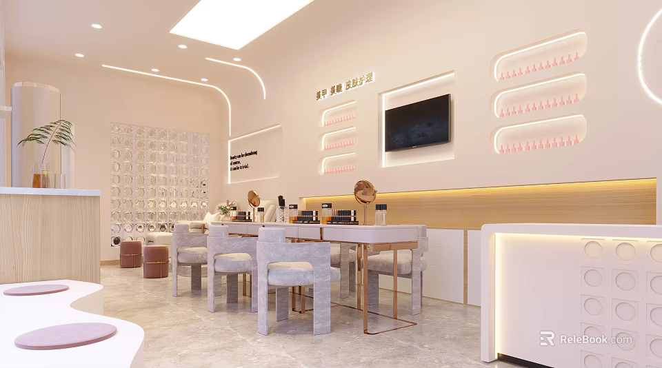 Elegant Beauty Salon Interior Featuring Product Display Shelves Marble Counter TV And Modern Lighting 3d model 