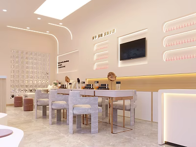Elegant Beauty Salon Interior Featuring Product Display Shelves Marble Counter TV And Modern Lighting 3d model