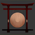 Traditional Red Torii Frame Bronze Gong Hanging Musical Instrument With Decorative Pillars