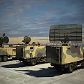 Military Functional Vehicles With Large Radar Antennas Parked On Open Ground With Soldiers Standing Nearby